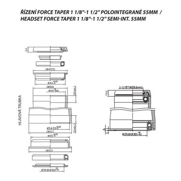 Vairo kolonėlė FORCE TAPER 1 1/8 -1 1/2  pusiau integruota 55 mm (aliuminė, juoda) 3