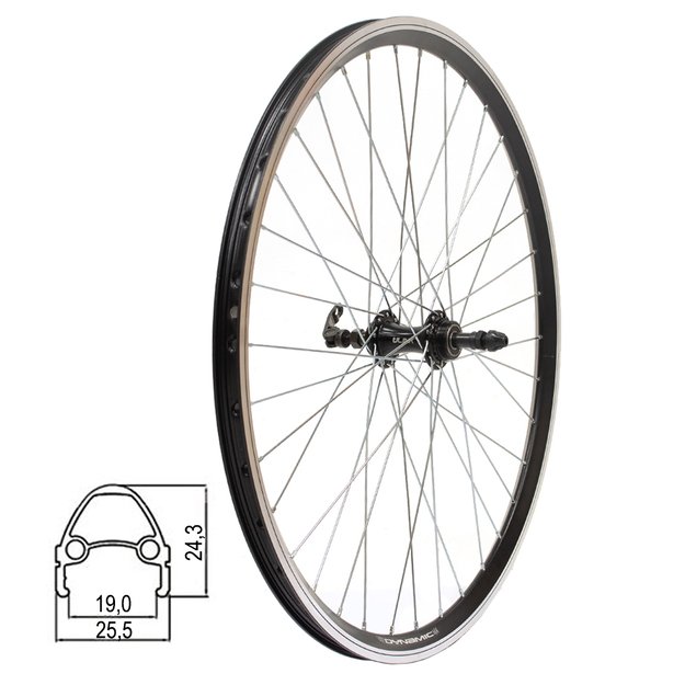 Galinis ratas Dynamic 26  // 36H, V-brake, užsukamam žvaigždžių blokui, dvigubas, greitveržlė