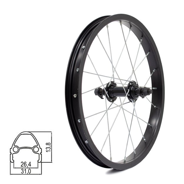 Priekinis ratas 16  // 20H, V-Brake, veržlė, viengubas, aliuminis, juodas matinis