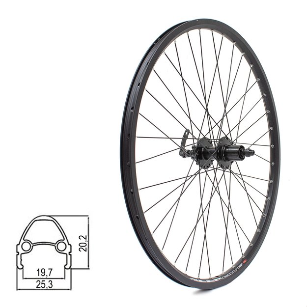 Galinis ratas J19SB 26  // diskiniams 6 varžtų, 32H, kasetė, QR, kniedytas, dvigubas, aliuminis