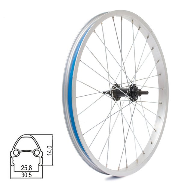 Priekinis ratas 20  // V-Brake, 28H, veržlė, viengubas, aliuminis, sidabrinis