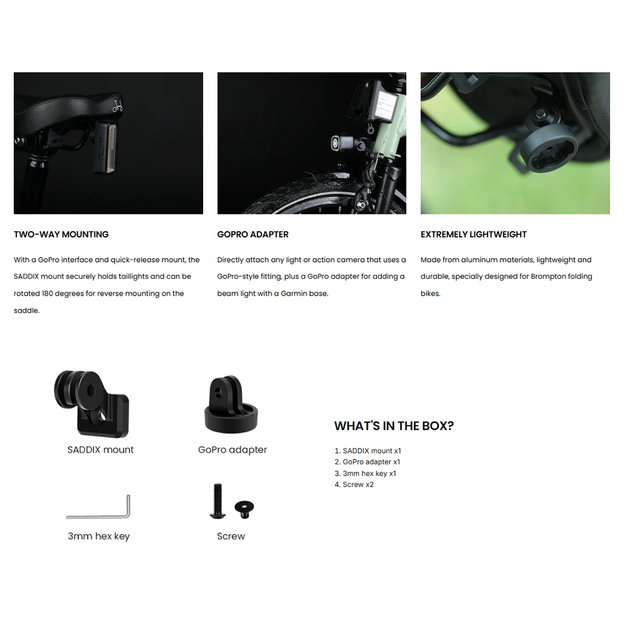 Galinio žibinto laikiklis/adapteris Magicshine SADDIX - Mount for Brompton Folding Bikes // GoPro mount