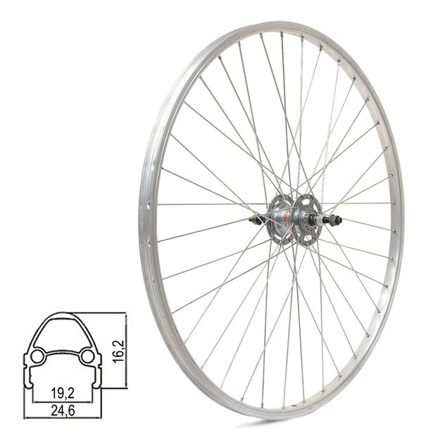 Galinis ratas 28/29  // V-Brake, 36H, Shimano Nexus Inter 3-speed, veržlės, dvigubas, aliuminis (sidabrinis)