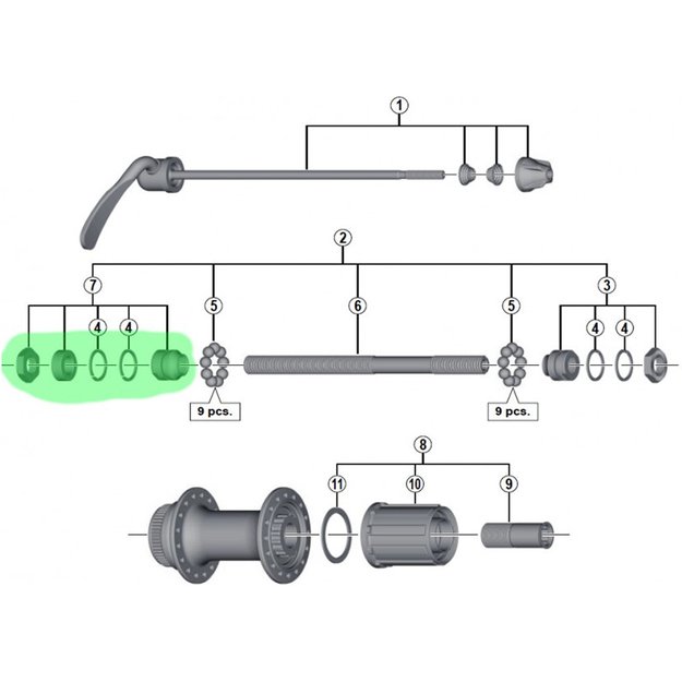 Konusas, poveržlės ir veržlė stebulei Shimano FH-RM66 (kairė) 2