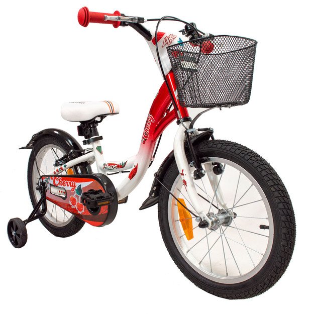4KIDS Cherry 16  // 1G, dydis 9.5  (24 cm), V-Brake ir Kojinis stabdžiai, plieninis (raudona/balta) 1