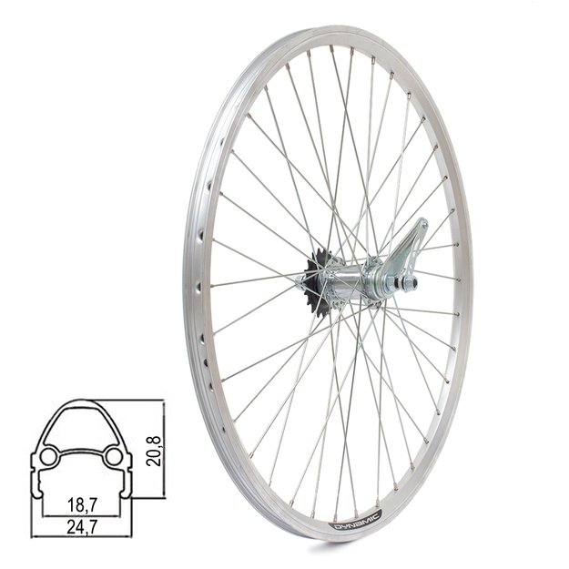 Galinis ratas Dynamic 26  // V-Brake + kojinis stabdis, 36H, 1 pav. 19T, dvigubas ratlankis, be kniedžių, veržlė, aliuminis
