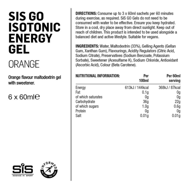 SIS gėliukų rinkinys GO Isotonic Energy Gel Pack Orange 6 x 60ml