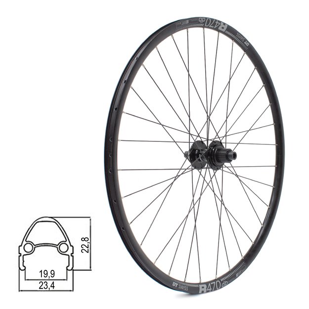 Galinis ratas DT SWISS R470db 28/29  // diskiniams Center-Lock, 32H, kasetė, Thru-Axle, be kniedžių, aliuminis