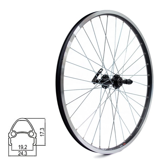 Galinis ratas J19SB 24  // V-Brake, 32H, užsukamas žv. blokas, QR, kniedytas, dvigubas, aliuminis