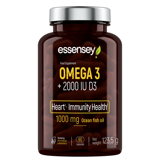 Riebalų rūg&scaron;tis TREC ESSENSEY OMEGA 3 + 2000 TV D3 90 kapsulių