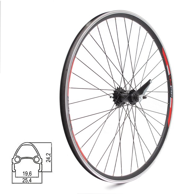 Galinis ratas Sunstart 28  // V-Brake + Kojinis, 19T, 36H, dvigubas, veržlė, be kniedžių, aliuminis