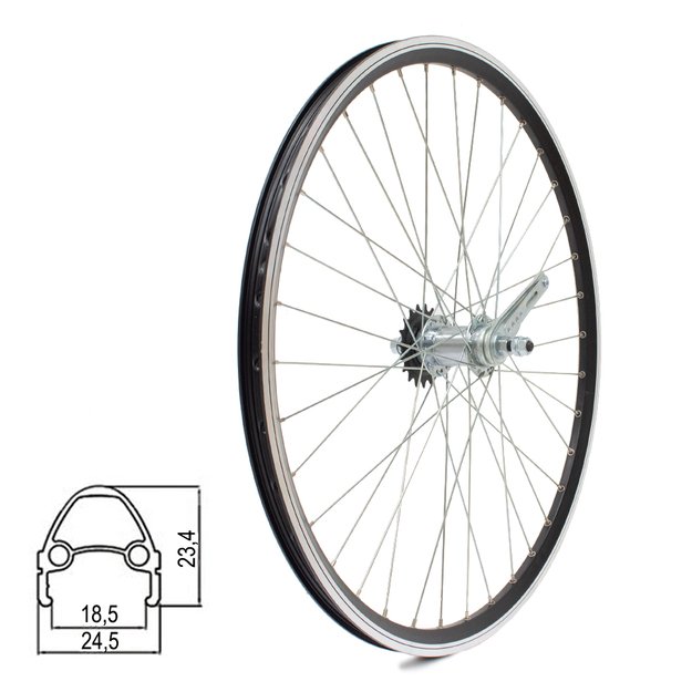 Galinis ratas Dynamic 26  // V-Brake + kojinis stabdis, 36H, 1 pav. 19T, dvigubas ratlankis, kniedytas, veržlė, aliuminis