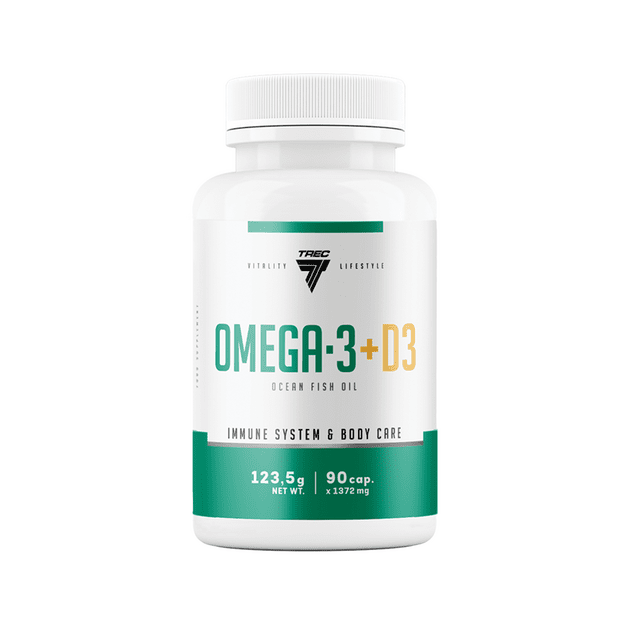 Riebalų rūg&scaron;tys su maisto papildais TREC OMEGA 3 + D3 90 kapsulių