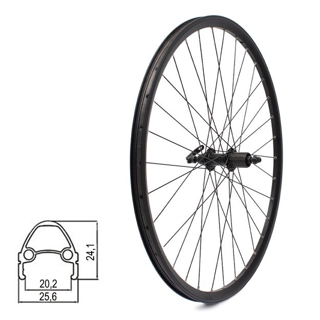 Galinis ratas J19SB 28  // V-Brake stabdžiams, 32H, kasetė, QR, kniedytas, dvigubas, aliuminis