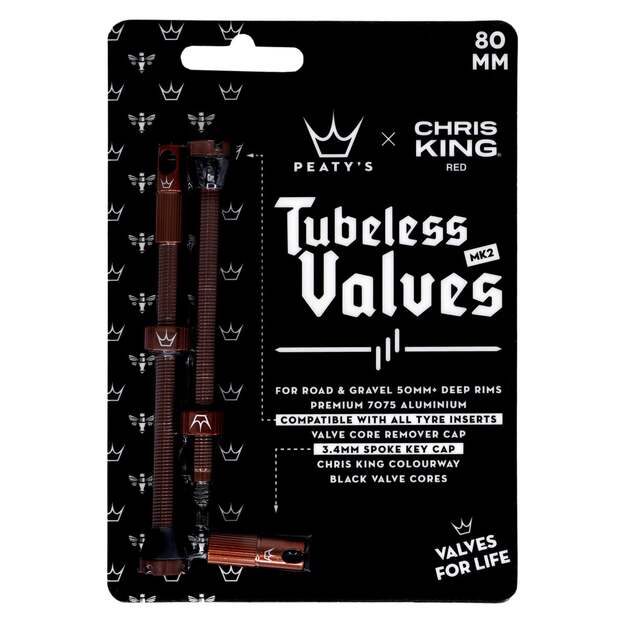 Bekameriniai ventiliai PEATY S X CHRIS KING (MK2) RED TUBELESS VALVES - 80MM (PTV2-80-RED-12) 1