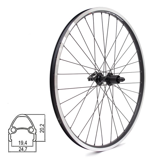 Galinis ratas J19SB 26  // V-Brake, 32H, kasetė, QR / greitveržlė, aliuminis, kniedytas