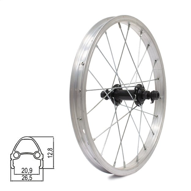 Priekinis ratas 16  // 20H, V-Brake, veržlė, viengubas, aliuminis, sidabrinis