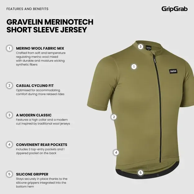 GripGrab EXPLR Merinotech vyriški marškinėliai | Olive Green