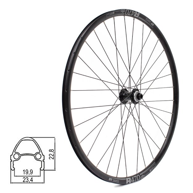 Galinis ratas DT SWISS R470db 28/29  // diskiniams Center-Lock, 32H, Thru-Axle, be kniedžių, dvigubas, aliuminis