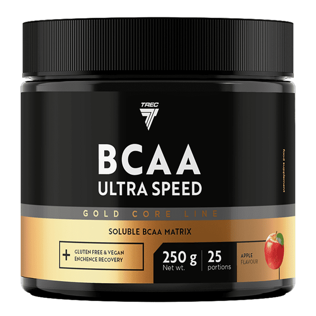 Aminorūg&scaron;tis TREC GOLD CORE LINE BCAA ULTRA SPEED OBUOLIŲ 250 g