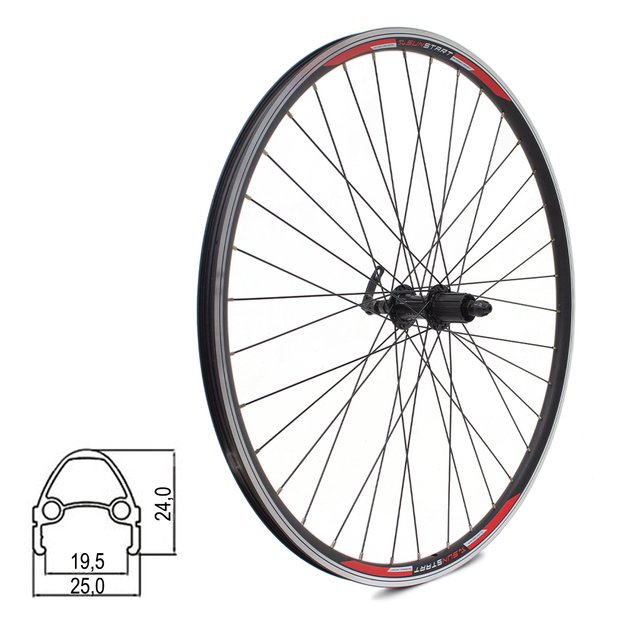 Galinis ratas Sunstart 28  // V-Brake, 36H, kasetė, greitveržlė, aliuminis
