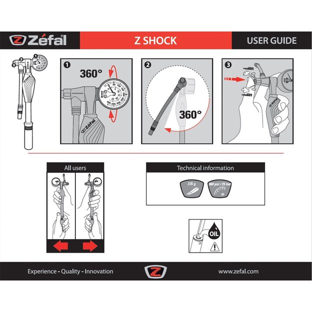 Amortizatoriaus pompa ZEFAL SHOCK, 25 bar (360 PSI), 235g 5