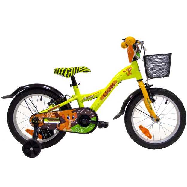 4KIDS Lion 16  // 1G, dydis 10  (25.5 cm), V-Brake ir Kojinis stabdžiai, aliuminis (geltona)