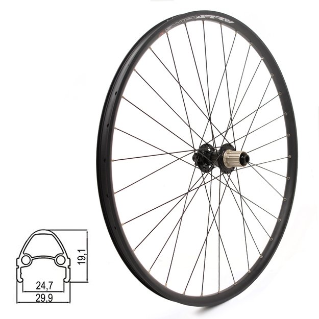 Galinis ratas J25DH 29  // diskiniams 6 varžtų, 32H, kasetė, Thru Axle, aliuminis