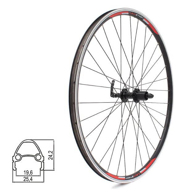 Galinis ratas Sunstart 28  // V-Brake, 32H, kasetė, QR / greitveržlė, aliuminis, be kniedžių