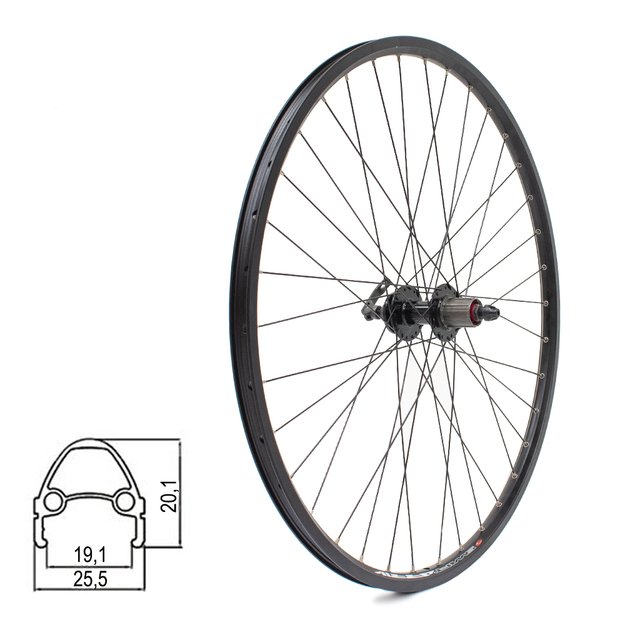 Galinis ratas J19SB 28/29  // diskiniams 6 varžtų, 36H, kasetė, QR, dvigubas, kniedytas, aliuminis