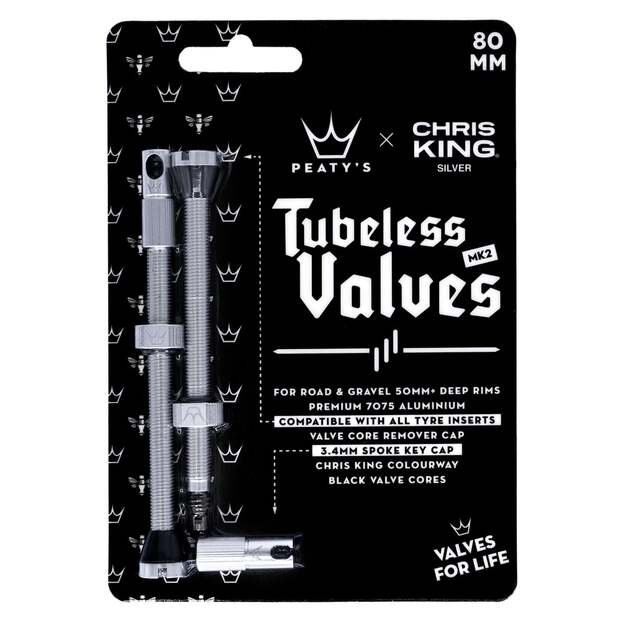 Bekameriniai ventiliai PEATY S X CHRIS KING (MK2) SILVER TUBELESS VALVES - 80MM (PTV2-80-SIL-12) 1