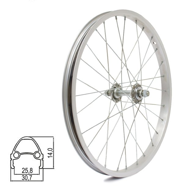 Priekinis ratas 20  // V-Brake, 28H, veržlė, viengubas, aliuminis, sidabrinis
