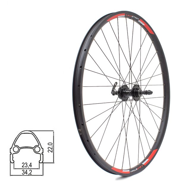 Galinis ratas Sunstart 28/29  // diskiniams 6 varžtų, 32H, užsukamas žv. blokas, QR, dvigubas, kniedytas, aliuminis