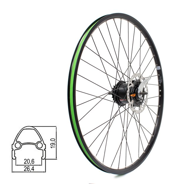 Galinis ratas RYDE 28  // diskiniams st., su Shimano Nexus 8 stebule, 36H, kniedytas, dvigubas, aliuminis (kartu su rotoriumi)