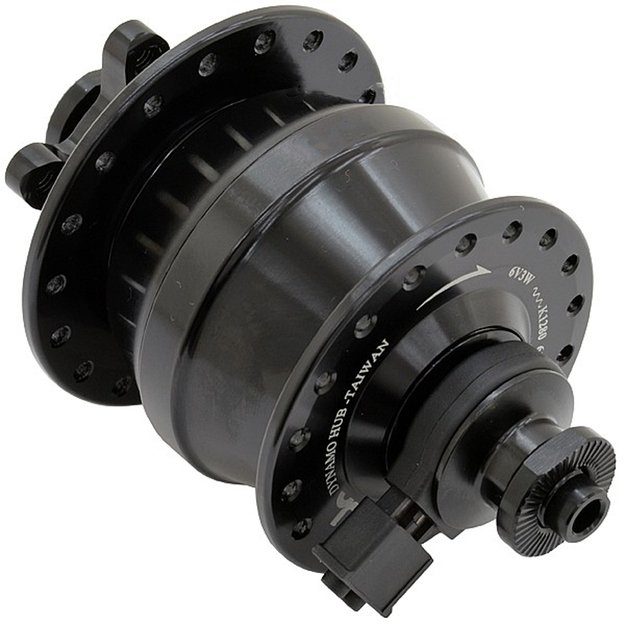 Priekinė stebulė - dinama Shimano 32H, diskiniams 6 varžt. stabdžiams 6V 3W, thru axle (juoda)